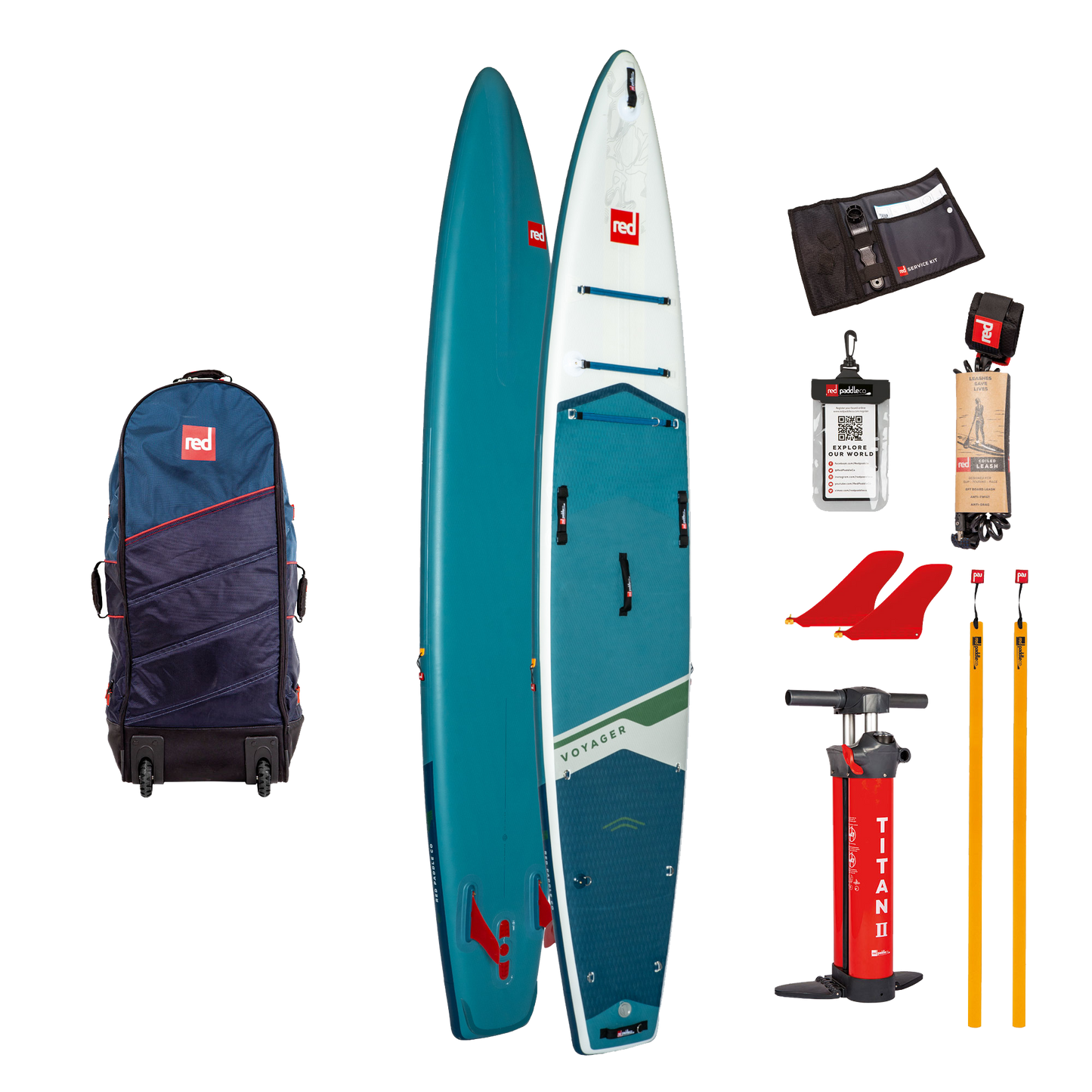 14' Red Paddle Voyager Paddleboard set with backpack, paddle, pump, and accessories on a white background