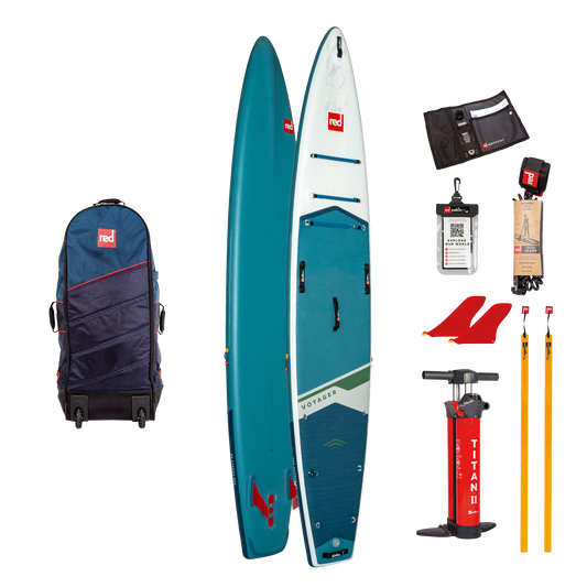 14' Red Paddle Voyager Paddleboard set with backpack, paddle, pump, and accessories on a white background