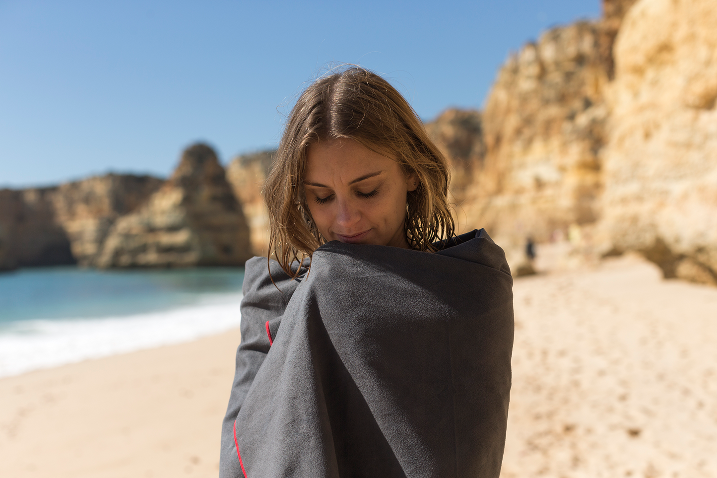 Red Original Quick Dry Microfibre Towel in use