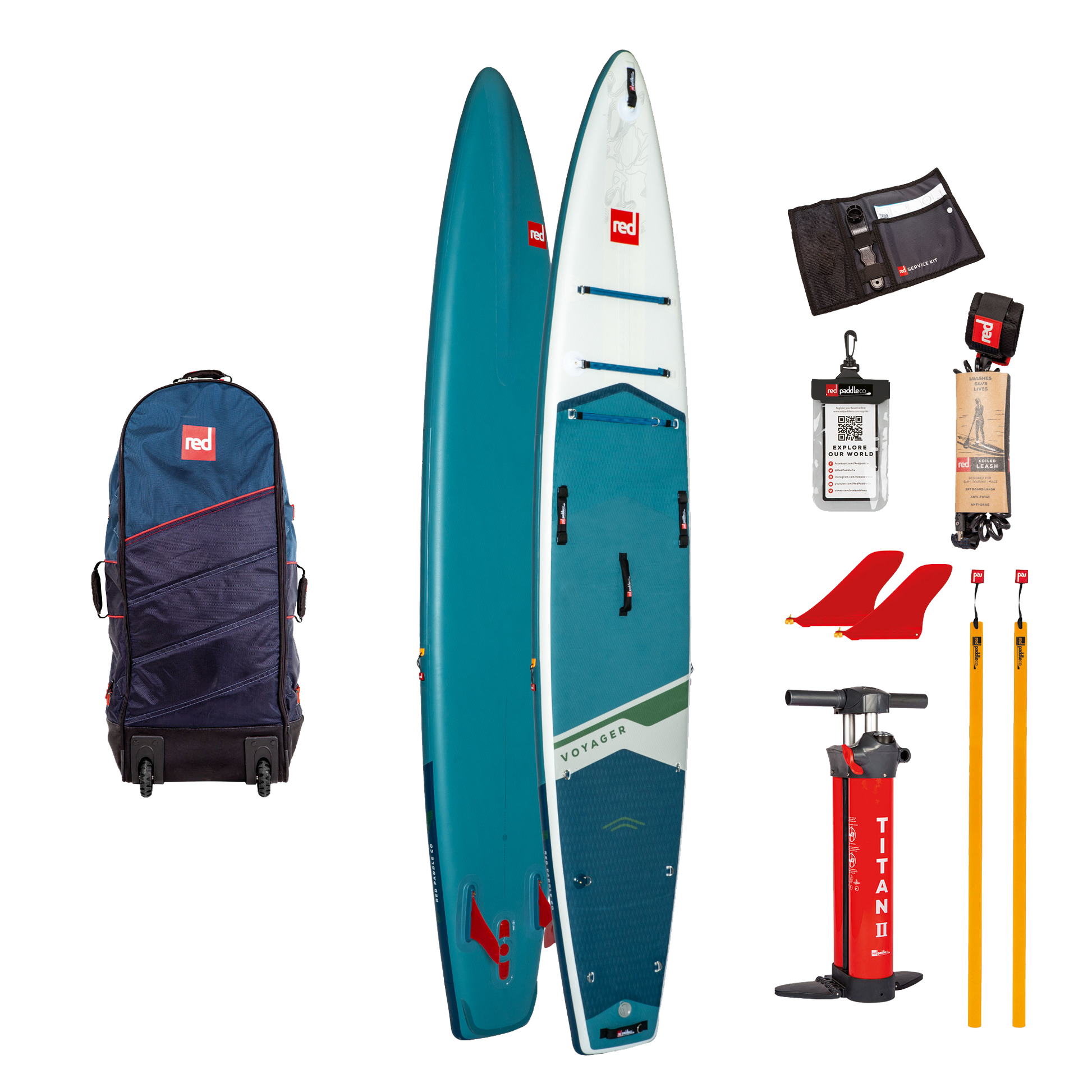 14' Red Paddle Voyager Paddleboard set with backpack, paddle, pump, and accessories on a white background